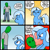 Size: 2000x2002 | Tagged: safe, artist:vomitvomiting, trixie, oc, oc:anon, human, pony, unicorn, g4, 4 panel comic, :3, abstract background, angry, colored, comic, cute, dialogue, diatrixes, drawthread, duo, duo male and female, female, frame, frustrated, gradient background, height difference, horn, human oc, looking at each other, looking at someone, looking down, madorable, male, mare, ponified, ponified comic, requested art, smug, swirly eyes, tackle, third person, yelling