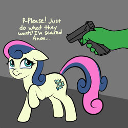 Size: 4000x4000 | Tagged: safe, artist:vomitvomiting, bon bon, sweetie drops, oc, oc:anon, earth pony, human, pony, g4, abuse, bon abuse, duo, duo male and female, female, floppy ears, gun, handgun, human oc, male, offscreen character, offscreen human, pointing gun, raised hoof, teary eyes, threatening, weapon