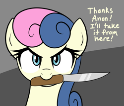 Size: 2855x2438 | Tagged: safe, artist:vomitvomiting, part of a set, bon bon, sweetie drops, earth pony, pony, g4, bust, dialogue, female, holding a knife, holding a weapon, implied anon, knife, looking at you, mare, mouth hold, peace was never an option, portrait, role reversal, solo, talking to viewer, two toned background, weapon