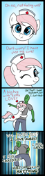 Size: 1833x7022 | Tagged: safe, artist:vomitvomiting, nurse redheart, oc, oc:anon, earth pony, human, pony, g4, 4 panel comic, abstract background, blushing, comic, cure, dragon ball, dragon ball z, duo, duo male and female, eyes closed, female, frame, hat, heart, hug, human oc, i love mares, male, mare, nurse hat, one eye closed, reference, wink