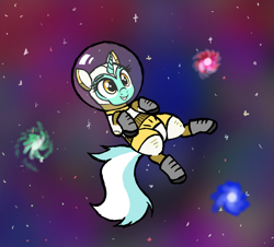 Size: 2565x2317 | Tagged: safe, artist:vomitvomiting, lyra heartstrings, pony, unicorn, g4, astronaut, female, floating, floating in space, grin, horn, mare, smiling, solo, space, spacesuit