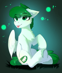 Size: 3768x4394 | Tagged: safe, artist:empress-twilight, oc, oc only, oc:mintfeather, pegasus, pony, :p, cheek fluff, chest fluff, commission, ear fluff, eye clipping through hair, eyebrows, eyebrows visible through hair, male, pegasus oc, sitting, solo, stallion, tail, tongue out, underhoof, wings, ych result