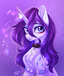 Size: 2665x3179 | Tagged: safe, artist:jsunlight, rarity, pony, unicorn, g4, abstract background, alternate hairstyle, armband, chest fluff, collar, draw this in your style, eyeshadow, female, half body, horn, looking at you, makeup, mare, solo