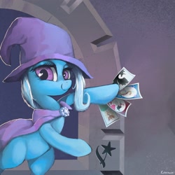 Size: 2300x2301 | Tagged: safe, artist:colochenni, trixie, pony, unicorn, g4, album cover, album parody, blue öyster cult, brooch, cape, card, clothes, female, hat, high res, horn, jewelry, mare, ponified, ponified album cover, sky, solo, tarot card