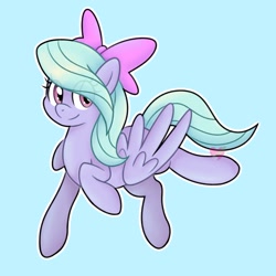 Size: 1087x1087 | Tagged: safe, artist:czscribbles, flitter, pegasus, pony, g4, blue background, bow, cute, female, flitterbetes, hair bow, looking at you, mare, partially open wings, simple background, smiling, solo, wings