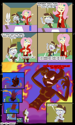 Size: 4134x6890 | Tagged: safe, artist:elovital, angel bunny, derpy hooves, fluttershy, devil, human, rabbit, equestria girls, g4, animal, devil horns, fire, food, horns, muffin, the simpsons