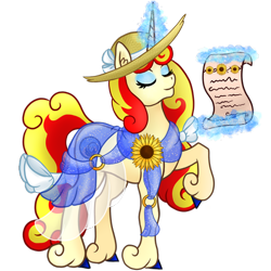 Size: 450x450 | Tagged: safe, artist:mesuyoru, oc, oc only, oc:miss libussa, pony, unicorn, g4, ambassador, blue eyeshadow, blue hooves, bow, bracelet, clothes, czequestria, czequestria 202x, dress, ear fluff, eyes closed, eyeshadow, female, female oc, flower, glowing, glowing horn, hat, horn, jewelry, levitation, magic, makeup, mare, raised hoof, scroll, see-through, see-through skirt, simple background, skirt, solo, summer, tail, tail bow, telekinesis, transparent background, unicorn oc