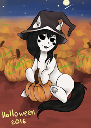 Size: 2507x3541 | Tagged: safe, artist:haodz, earth pony, pony, hat, moon, pumpkin, shooting star, solo, stars, witch hat