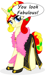 Size: 450x766 | Tagged: artist needed, safe, oc, oc only, oc:miss libussa, pony, unicorn, g4, clothes, cosplay, costume, eyeshadow, female, female oc, horn, looking at you, makeup, mare, pink eyeshadow, praise, simple background, solo, talking to viewer, transparent background, unicorn oc