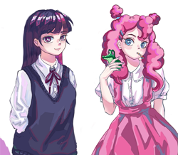 Size: 629x548 | Tagged: safe, artist:qianhe498, gummy, pinkie pie, twilight sparkle, alligator, human, g4, clothes, dress, hand in pocket, humanized, party horn, school uniform, simple background, white background