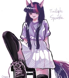 Size: 950x1080 | Tagged: safe, artist:qianhe498, twilight sparkle, human, g4, blushing, chair, clothes, eared humanization, horn, horned humanization, humanized, long socks, open mouth, shirt, shoes, simple background, sitting, skirt, smiling, solo, t-shirt, tail, tailed humanization, text, white background