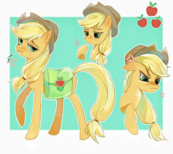 Size: 1024x910 | Tagged: safe, artist:xinjinjumin193918007138, applejack, earth pony, pony, g4, :c, bag, bust, cross-popping veins, emanata, female, frown, mare, passepartout, portrait, raised hoof, saddle bag, solo, straw in mouth