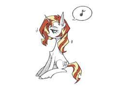 Size: 2224x1668 | Tagged: safe, artist:miss-aciturn, sunset shimmer, pony, unicorn, g4, female, horn, mare, music notes, simple background, sitting, solo, speech bubble, white background