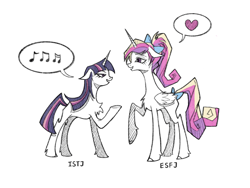 Size: 2224x1668 | Tagged: safe, artist:miss-aciturn, princess cadance, twilight sparkle, pony, unicorn, g4, chest fluff, concave belly, duo, duo female, esfj, female, heart, height difference, horn, istj, looking at each other, looking at someone, mare, music notes, raised hoof, simple background, slender, speech bubble, thin, underhoof, white background