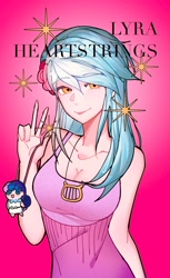 Size: 1508x2464 | Tagged: safe, artist:mido854723, bon bon, lyra heartstrings, sweetie drops, human, g4, clothes, dress, gradient background, humanized, jewelry, looking at you, necklace, peace sign, smiling, smiling at you, solo