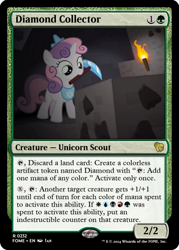 Size: 375x523 | Tagged: safe, artist:jan, edit, sweetie belle, unicorn, don't mine at night, g4, ccg, horn, jewelry, magic the gathering, minecraft, pickaxe, tiara, torch, trading card, trading card edit, trading card game