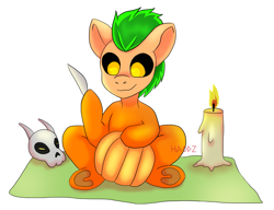 Size: 1639x1257 | Tagged: safe, artist:haodz, oc, oc only, earth pony, pony, candle, commission, knife, pumpkin, simple background, skull, solo, underhoof, white background, ych result