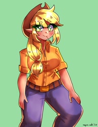 Size: 1062x1375 | Tagged: safe, artist:mylittleyuri, applejack, human, equestria girls, g4, 2d, applejack's hat, bangs, belt, belt buckle, blushing, clothes, collar, cowboy hat, denim, elf ears, eyebrows, eyebrows visible through hair, female, green background, hat, jeans, pants, short sleeves, simple background, solo