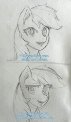 Size: 1046x1787 | Tagged: safe, artist:lillslim, rainbow dash, pegasus, pony, g4, 2 panel comic, comic, dialogue, drawthread, female, flirting, pencil drawing, requested art, sketch, smiling, solo, subtitles, traditional art