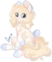 Size: 1919x2279 | Tagged: safe, artist:trashpanda czar, oc, oc only, oc:sunny sandwich, earth pony, pony, bow, chest fluff, ear fluff, earth pony oc, eyebrows, eyebrows visible through hair, eyelashes, female, frog (hoof), hair bow, mare, medibang paint, poofy mane, signature, simple background, sitting, smiling, solo, tail, tail bow, transparent background, underhoof