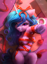 Size: 1657x2272 | Tagged: safe, artist:itssim, izzy moonbow, pony, unicorn, g5, belly, bondage, commission, cute, female, fluffy, hoof heart, horn, izzybetes, looking at you, lying down, mare, obtrusive watermark, on back, ribbon, smiling, smiling at you, solo, tail, underhoof, unshorn fetlocks, upside-down hoof heart, watermark