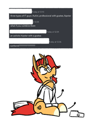 Size: 473x654 | Tagged: safe, artist:dinexistente, sunburst, pony, unicorn, g4, clothes, coat markings, facial hair, horn, male, open mouth, simple background, sitting, socks (coat markings), solo, stallion, text, white background