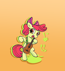 Size: 2459x2711 | Tagged: safe, artist:brella, apple bloom, earth pony, pony, g4, adorabloom, apple bloom's bow, bipedal, bow, cute, female, filly, foal, gradient background, guitar strap, hair bow, looking back, music notes, musical instrument, open mouth, open smile, orange background, outline, signature, simple background, smiling, solo, ukulele