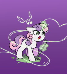 Size: 2459x2711 | Tagged: safe, artist:brella, sweetie belle, pony, unicorn, g4, blank flank, cute, female, filly, foal, glowing, glowing horn, gradient background, horn, magic, music notes, open mouth, open smile, purple background, simple background, singing, smiling, solo