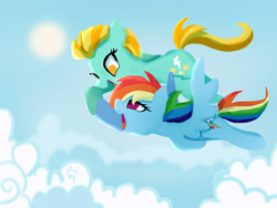 Size: 1024x768 | Tagged: safe, artist:brella, lightning dust, rainbow dash, pegasus, pony, g4, duo, duo female, female, flying, open mouth, open smile, smiling