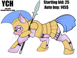 Size: 5000x3750 | Tagged: safe, artist:sketchy knight, oc, oc only, earth pony, pony, advertisement, armor, belt, belt buckle, blushing, breath, chestplate, commission, exhausted, female, guard, guardsmare, heavy breathing, helmet, knife, mare, quadrupedal, royal guard, simple background, soldier, solo, spear, standing, sweat, sweating profusely, tired, weapon, white background, your character here