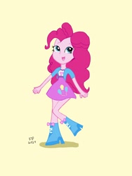 Size: 1620x2160 | Tagged: safe, artist:funnypancake, pinkie pie, human, equestria girls, g4, boots, clothes, female, high heel boots, jacket, shirt, shoes, simple background, skirt, solo, vest, yellow background