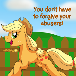 Size: 1000x1000 | Tagged: safe, artist:fruiitypieq, applejack, earth pony, pony, g4, advice, applejack's hat, cowboy hat, female, fence, hat, mare, mouthpiece, solo