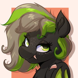 Size: 2096x2096 | Tagged: safe, artist:witchtaunter, oc, oc only, oc:sephora, bat pony, pony, bat pony oc, bust, chest fluff, commission, ear fluff, fangs, female, mare, portrait, solo