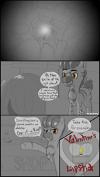 Size: 2160x3840 | Tagged: safe, artist:mranthony2, oc, oc only, oc:kahawia, oc:lemon bounce, pegasus, zebra, comic:valentine's lipstick, camp, campfire, comic, dialogue, grayscale, lipstick, monochrome, shop