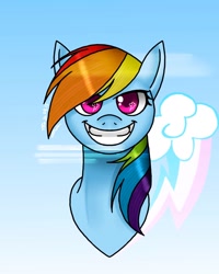 Size: 1200x1500 | Tagged: safe, artist:tina99078, rainbow dash, pegasus, pony, g4, bust, creepy, creepy grin, cutie mark background, cutie mark eyes, gradient background, grin, portrait, smiling, solo, teeth, wingding eyes