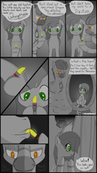 Size: 2160x3840 | Tagged: safe, artist:mranthony2, oc, oc only, oc:kahawia, oc:lemon bounce, pegasus, zebra, comic:valentine's lipstick, comic, dialogue, evil smile, grayscale, lips, lipstick, mirror, monochrome, smiling