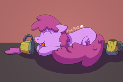 Size: 1800x1200 | Tagged: safe, artist:fruiitypieq, berry punch, berryshine, earth pony, pony, g4, alcohol, cider mug, drink, eyes closed, female, lying down, mare, mug, prone, signature, smiling, solo, tongue out