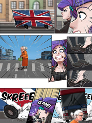 Size: 1800x2400 | Tagged: safe, artist:ilacavgbmjc, rarity, human, equestria girls, g4, braking, britain, british, bus, clothes, comic, comic page, crossover, driving, great britain, high heels, humanized, london, old lady, pedal, road rage, seat, shoes, solo, spice girls, spice world, steering wheel, stiletto heels, united kingdom