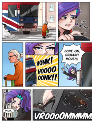 Size: 1800x2400 | Tagged: safe, artist:ilacavgbmjc, rarity, human, equestria girls, g4, britain, british, bus, clothes, comic, comic page, crossover, driving, great britain, high heels, honk, humanized, london, old lady, pedal, revving, road rage, seat, shoes, solo, spice girls, spice world, steering wheel, stiletto heels, united kingdom