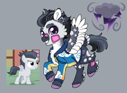 Size: 1280x947 | Tagged: safe, artist:malinraf1615, rumble, pegasus, pony, g4, alternate design, clothes, episode needed, gray background, hoodie, screencap reference, simple background, solo