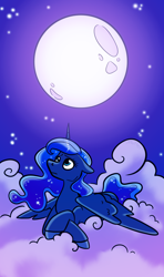 Size: 1848x3131 | Tagged: source needed, safe, artist:smirk, princess luna, g4, cloud, ears back, ethereal mane, missing accessory, moon, sad, solo, stars