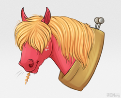 Size: 2462x2000 | Tagged: safe, artist:jenery, big macintosh, earth pony, pony, g4, bust, gray background, hair over eyes, hoers, male, simple background, solo, stallion, straw in mouth