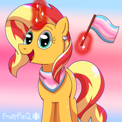 Size: 1000x1000 | Tagged: safe, artist:fruiitypieq, sunset shimmer, pony, unicorn, g4, ear piercing, earring, female, gradient background, horn, jewelry, magic, magic aura, mare, open mouth, piercing, pride, pride flag, solo, telekinesis, transfeminine, transfeminine pride flag