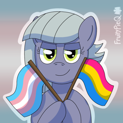 Size: 1000x1000 | Tagged: safe, artist:fruiitypieq, limestone pie, earth pony, pony, g4, female, gradient background, mare, pansexual pride flag, pride, pride flag, solo, transgender pride flag