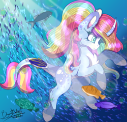 Size: 1961x1879 | Tagged: safe, artist:bryonythewolf, oc, oc only, oc:prism rain, fish, hybrid, original species, pony, shark, shark pony, unicorn, g4, blushing, bubble, concave belly, crepuscular rays, curved horn, cute, digital art, dorsal fin, eyelashes, fangs, female, fin, fins, fish tail, flowing mane, flowing tail, happy, hooves, horn, mare, multicolored mane, multicolored tail, ocean, scales, signature, smiling, solo, sunlight, swimming, tail, teeth, underwater, water