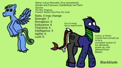 Size: 1280x720 | Tagged: safe, artist:blackblade360, oc, oc only, oc:icarus waxwater, pegasus, pony, seapony (g4), ashes town, fallout equestria, blue coat, clothes, digital art, duo, fins, flying, genderfluid, gray pants, green background, green mane, green tail, ibispaint x, implied experimenting, implied pain, looking at you, male, mutant, mutation, no pupils, pants, raised leg, rearing, signature, simple background, spread wings, stallion, stallion oc, story included, tail, torn ear, unshorn fetlocks, white eyes, wings