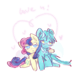 Size: 1600x1600 | Tagged: safe, artist:yeyeyeyeyeye05874, bon bon, lyra heartstrings, sweetie drops, earth pony, pony, unicorn, g4, duo, duo female, female, horn, lesbian, ship:lyrabon, shipping