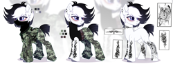 Size: 7468x2782 | Tagged: safe, artist:shallarts, oc, oc only, oc:inky needle, earth pony, pony, blank flank, camouflage, clothes, ear piercing, earring, emo, eyebrow piercing, face mask, freckles, hoodie, jewelry, lip piercing, male, mask, nose piercing, pants, piercing, reference sheet, snake bites, solo, stallion, sweatpants, tank top, tattoo, unshorn fetlocks, zoom layer