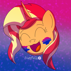 Size: 1000x1000 | Tagged: safe, artist:fruiitypieq, sunset shimmer, pony, unicorn, g4, abstract background, bisexual pride flag, cute, eyes closed, female, gradient background, head only, horn, mare, open mouth, pride, pride flag, shimmerbetes, solo