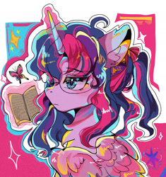 Size: 1680x1789 | Tagged: safe, artist:suisuiniannian98967, twilight sparkle, alicorn, butterfly, pony, g4, book, glasses, glowing, glowing horn, horn, solo, twilight sparkle (alicorn)